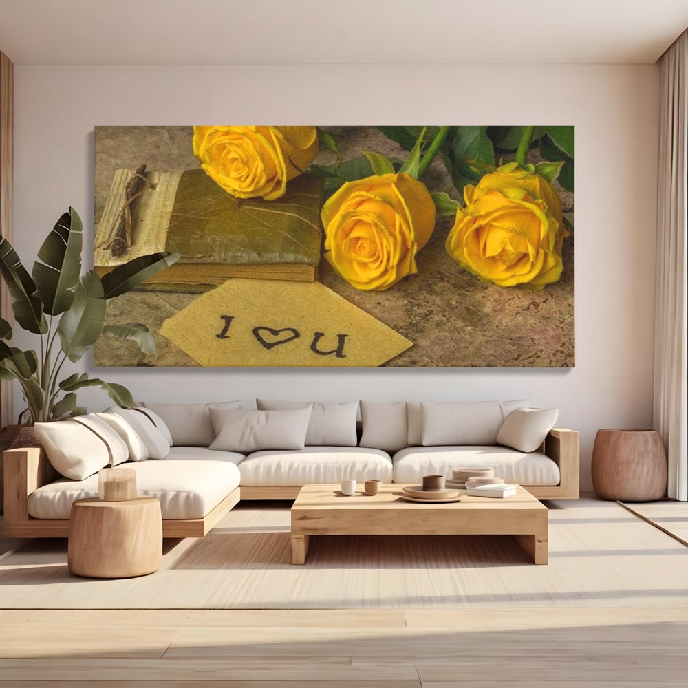 Tablou canvas cu tablou canvas cu trandafiri galbeni si jurnal, fara rama, pe sasiu de lemn, pe perete intr-un living